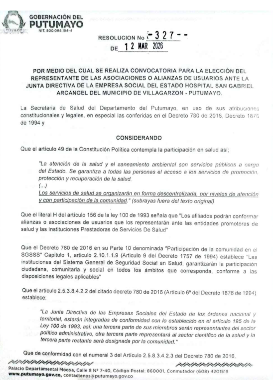 Convocatoria para la Elección del Representante de las Asociaciones de Usuarios ante la Junta Directiva del Hospital San Gabriel Arcángel de Villagarzón
