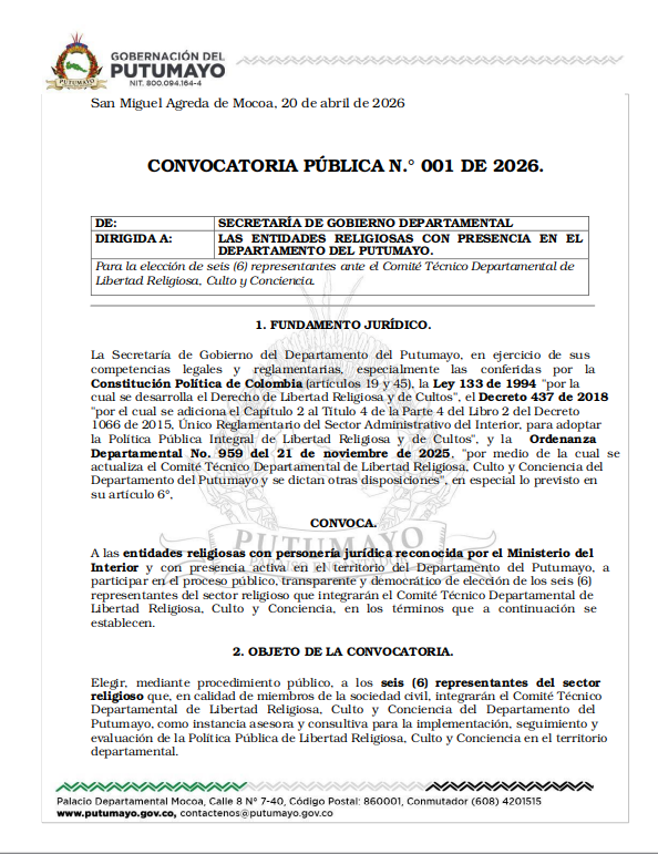 Convocatoria Pública para entidades religiosas del departamento de Putumayo.