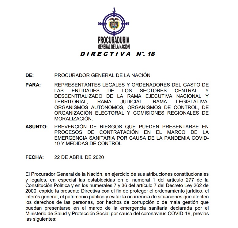 Procuraduría identificó riesgos de la contratación por emergencia sanitaria de covid-19