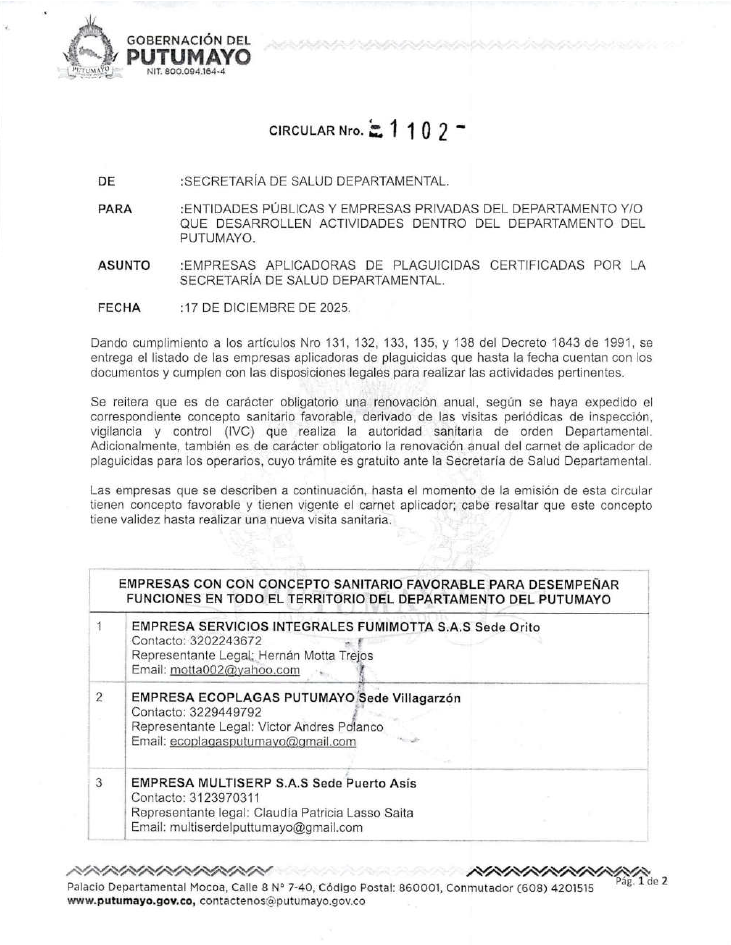 Empresas aplicadores de plaguicidas certificadas por la Secretaría de Salud Departamental