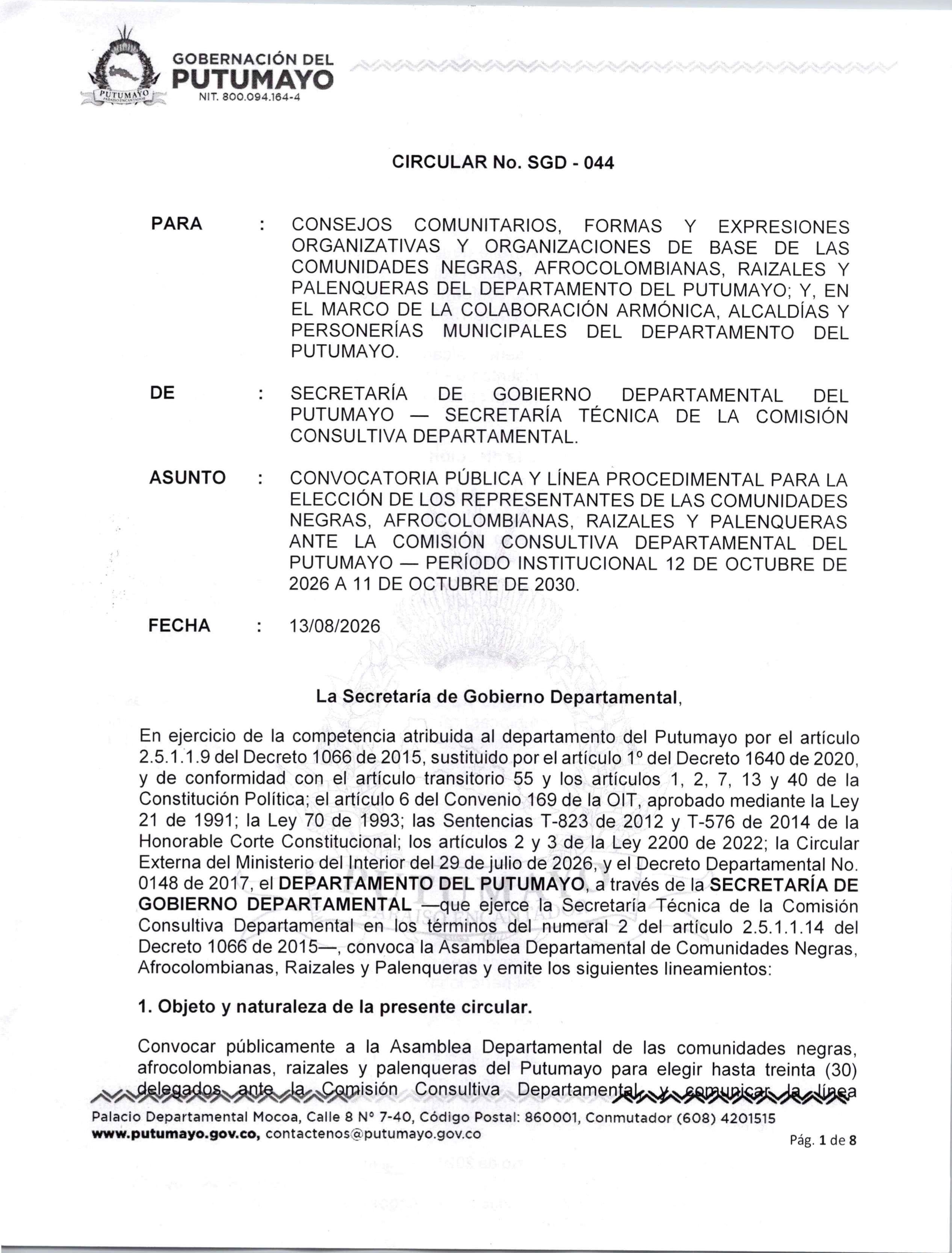 CIRCULAR No. SGD - 044 - CONVOCATORIA PÚBLICA Y LÍNEA PROCEDIMENTAL PARA LA ELECCIÓN DE LOS REPRESENTANTES DE LAS COMUNIDADES NEGRAS, AFROCOLOMBIANAS, RAIZALES Y PALENQUERAS ANTE LA COMISIÓN CONSULTIVA DEPARTAMENTAL DEL PUTUMAYO — PERÍODO INSTITUCIONAL 12 DE OCTUBRE DE 2026 A 11 DE OCTUBRE DE 2030.