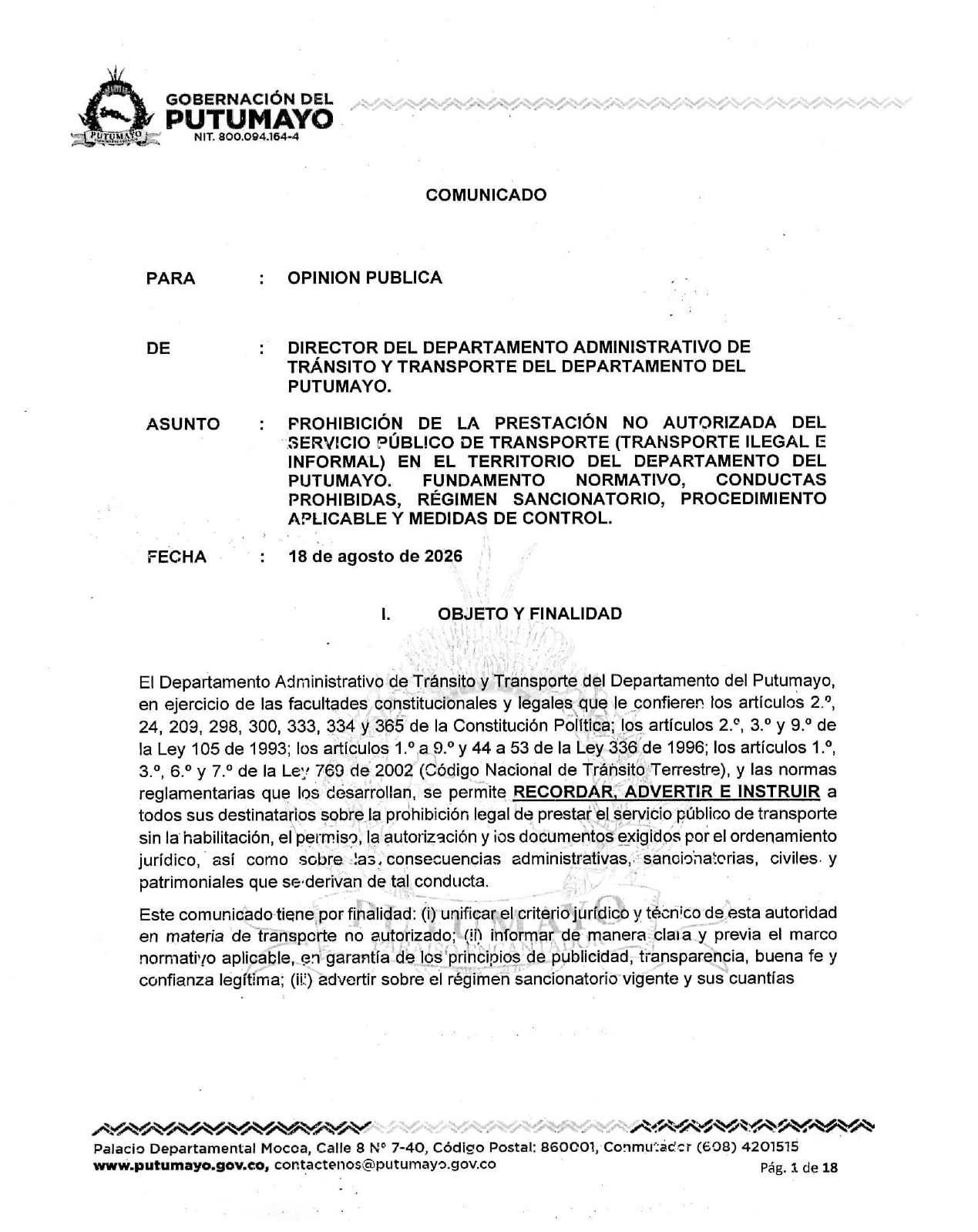 Comunicado para control de transporte ilegal 18-08-2026